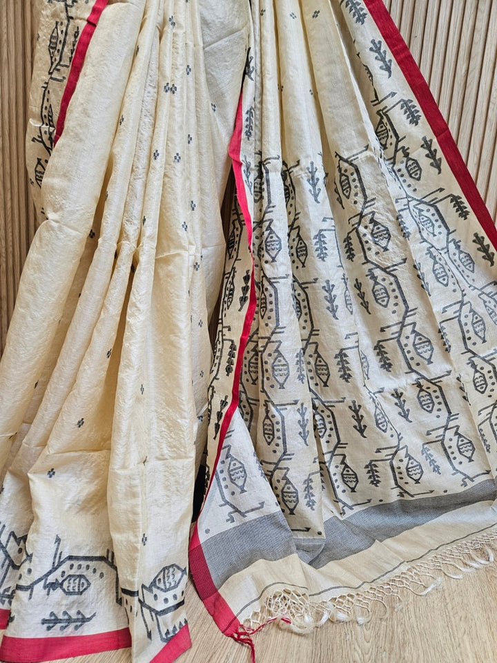 Cream & Red Handloom Tussar Silk Saree with Red Contrast Border and Black Fish Motif Balaram Saha