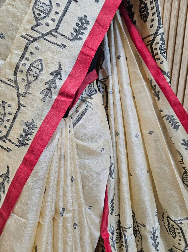 Cream & Red Handloom Tussar Silk Saree with Red Contrast Border and Black Fish Motif Balaram Saha