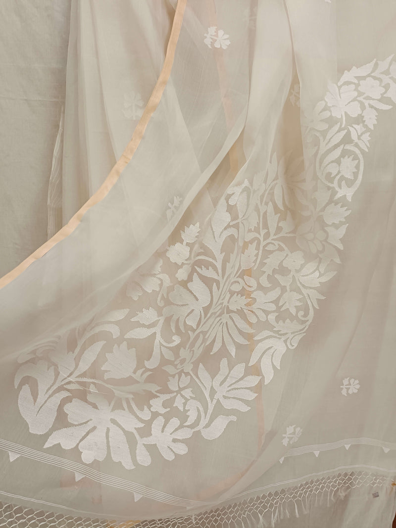 off-White and White pure Muslin Silk Handwoven Jamdani Saree Balaram Saha