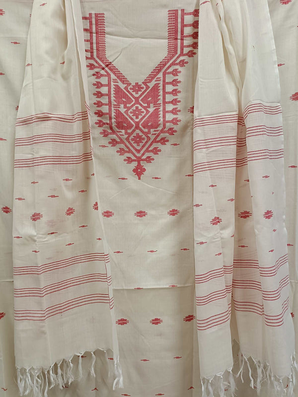 Red & Gold Soft Cotton handwoven Bangladeshi Dhakai Jamdani unstitched 3 piece Set Balaram Saha