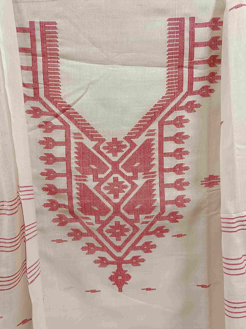 White & Red Soft Cotton handwoven Bangladeshi Dhakai Jamdani unstitched 3-piece Set Balaram Saha