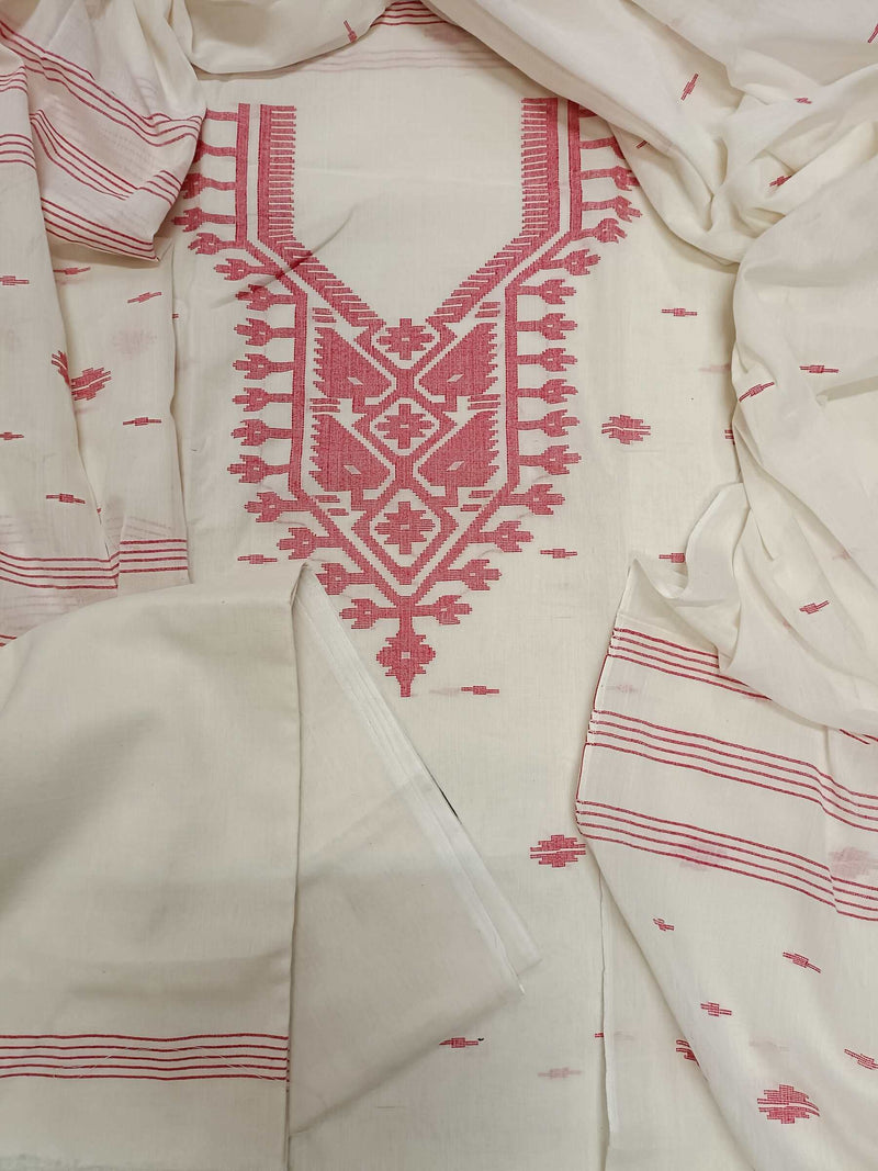 White & Red Soft Cotton handwoven Bangladeshi Dhakai Jamdani unstitched 3-piece Set Balaram Saha