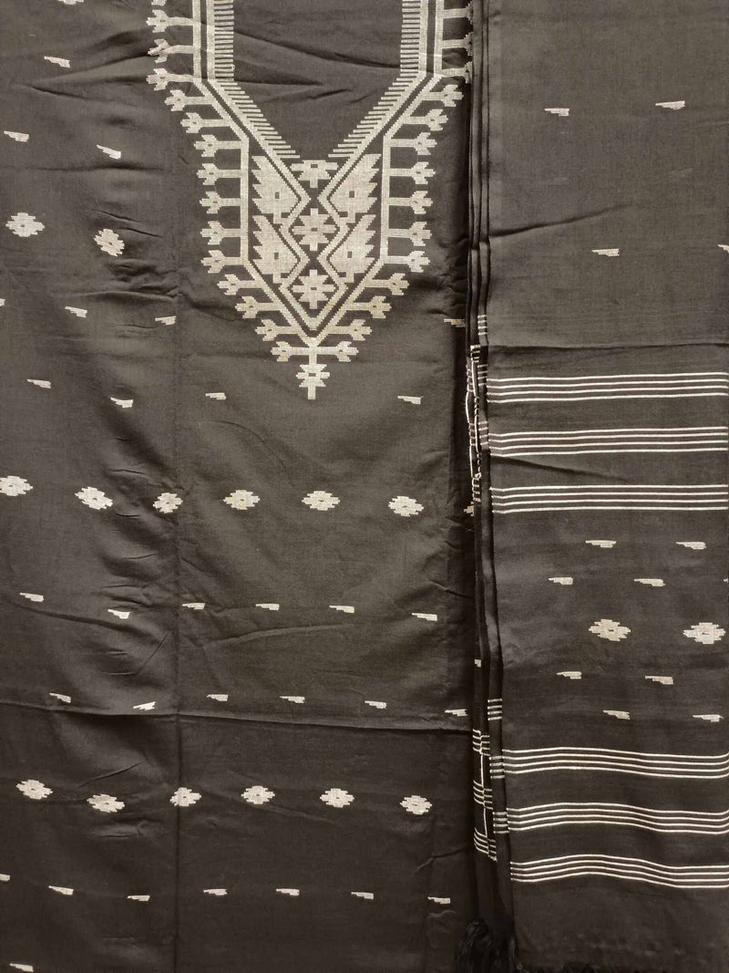 Black & Silver Soft Cotton handwoven Bangladeshi Dhakai Jamdani unstitched 3 piece set Balaram Saha