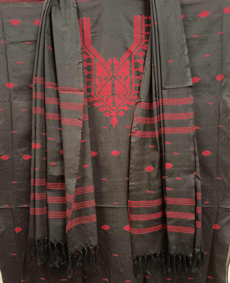Black & Red Soft Cotton handwoven Bangladeshi Dhakai Jamdani unstitched 3-piece set Balaram Saha