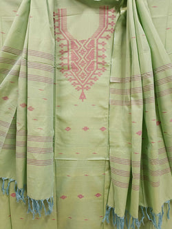 Green  & Red, Soft Cotton Bangladeshi Dhakai Jamdani 3 piece Balaram Saha