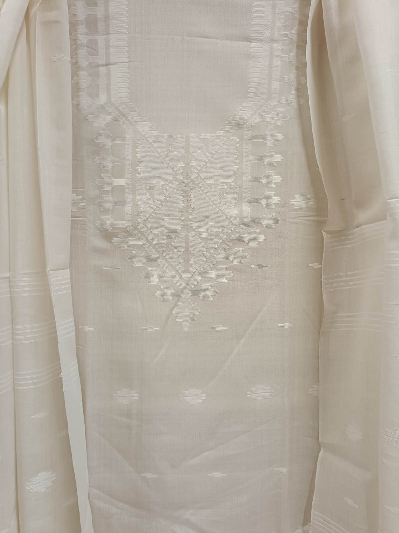 White & White, Soft Cotton handwoven Bangladeshi Dhakai Jamdani 3 piece Balaram Saha