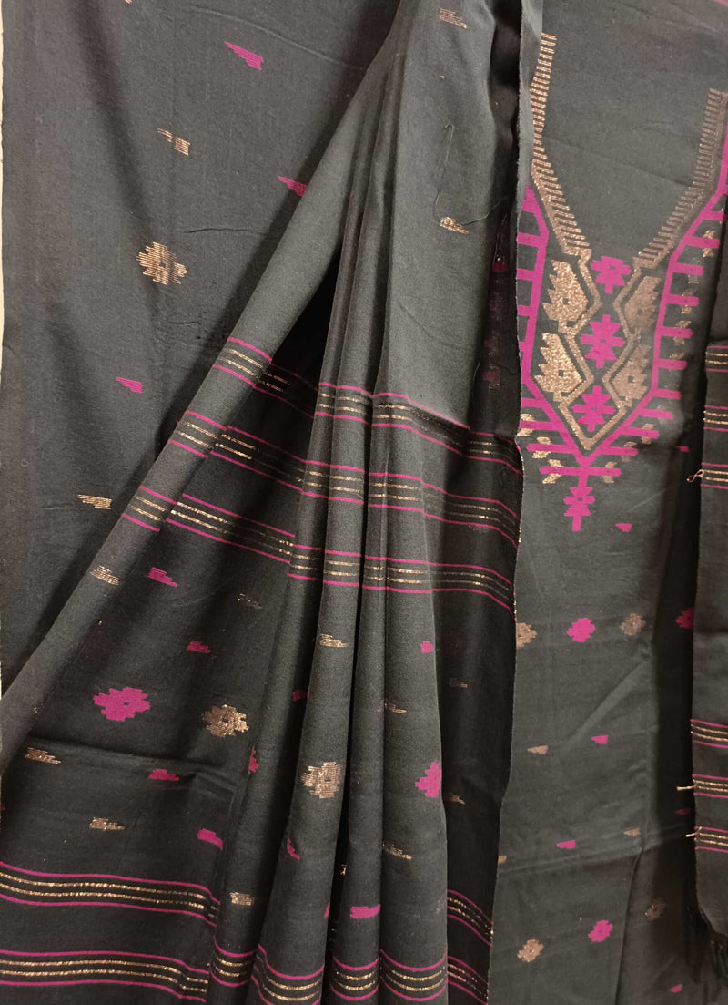 Black Purple  Handloom Dhakai Jamdani 3 Piece set Balaram Saha