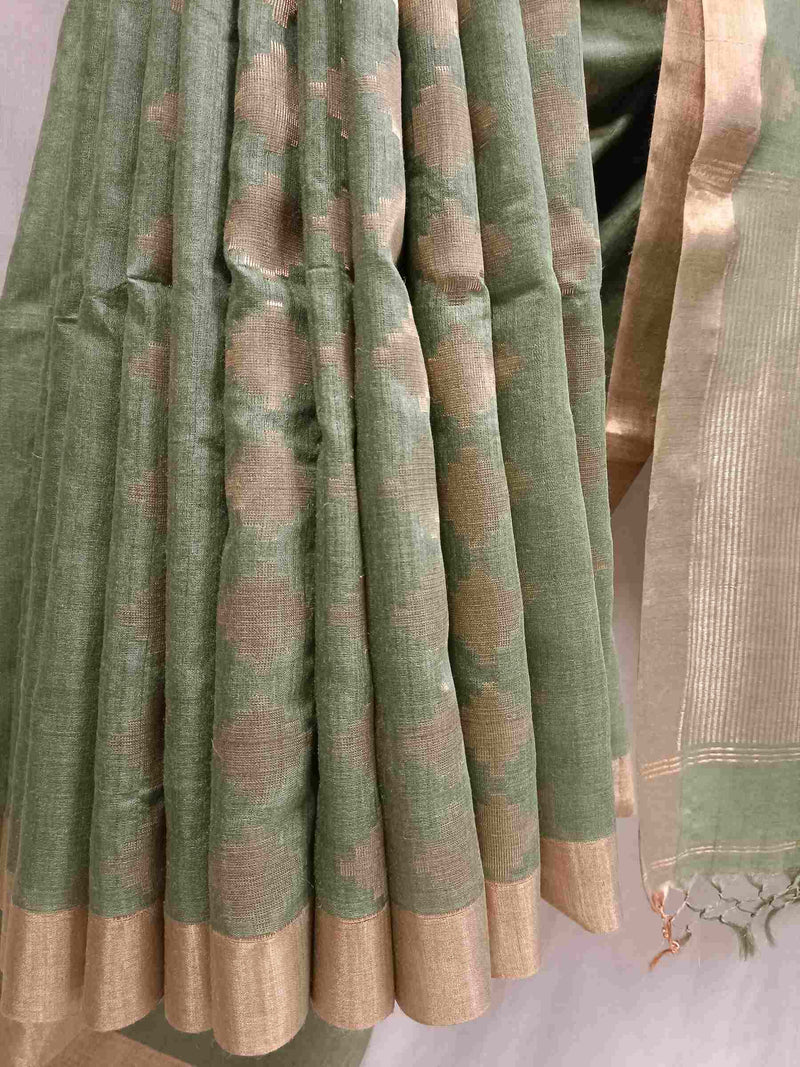 Green & Gold Zari Woven Soft Handloom Tussar Silk Saree Balaram Saha