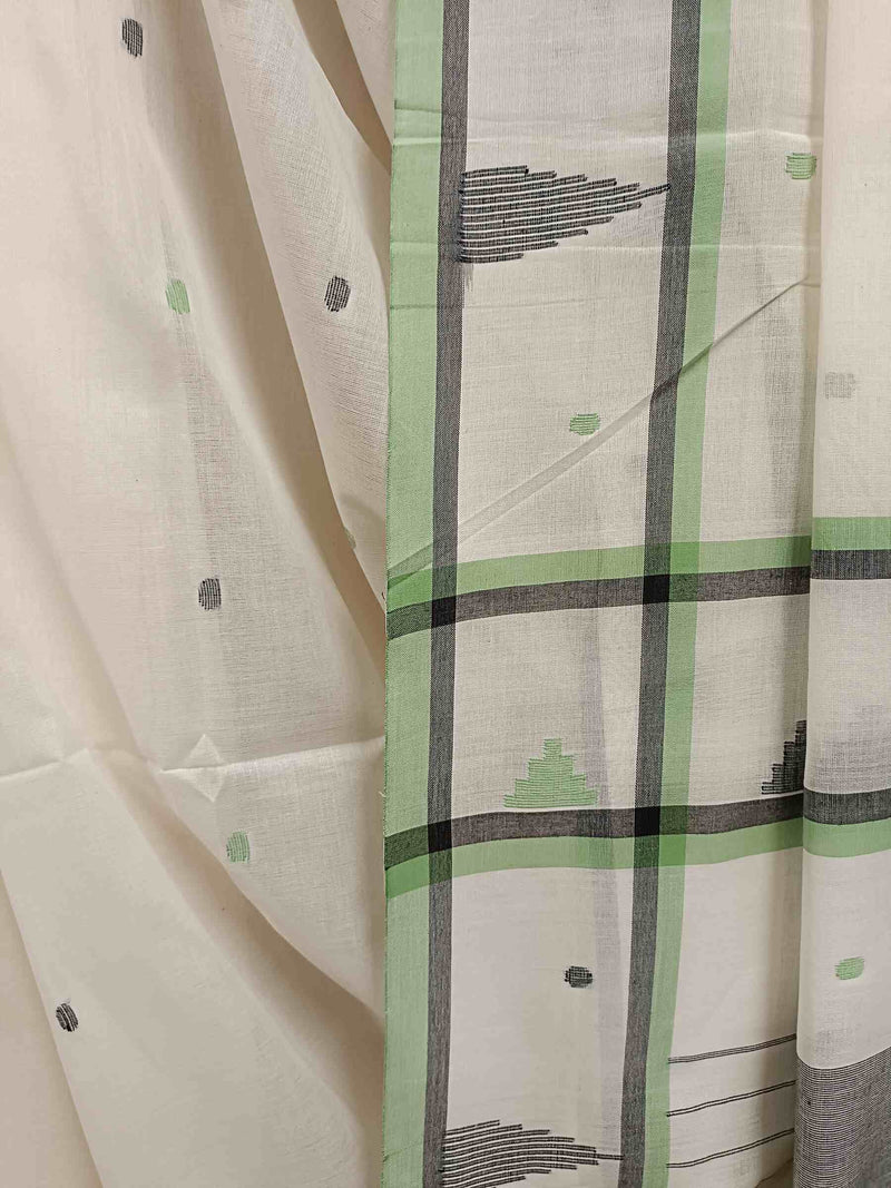 White and Green Handloom Soft Cotton jamdani  Saree Balaram Saha