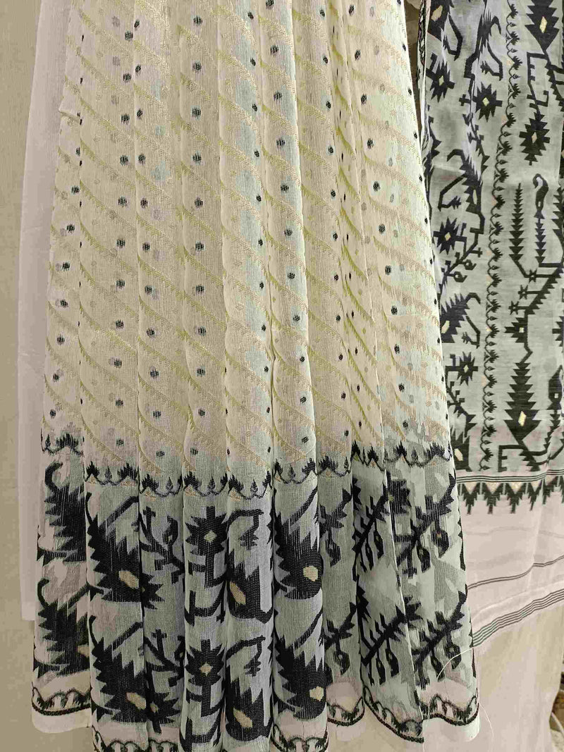 White & Black, soft handloom Jacquard weave Jamdani design,  saree. Balaram Saha