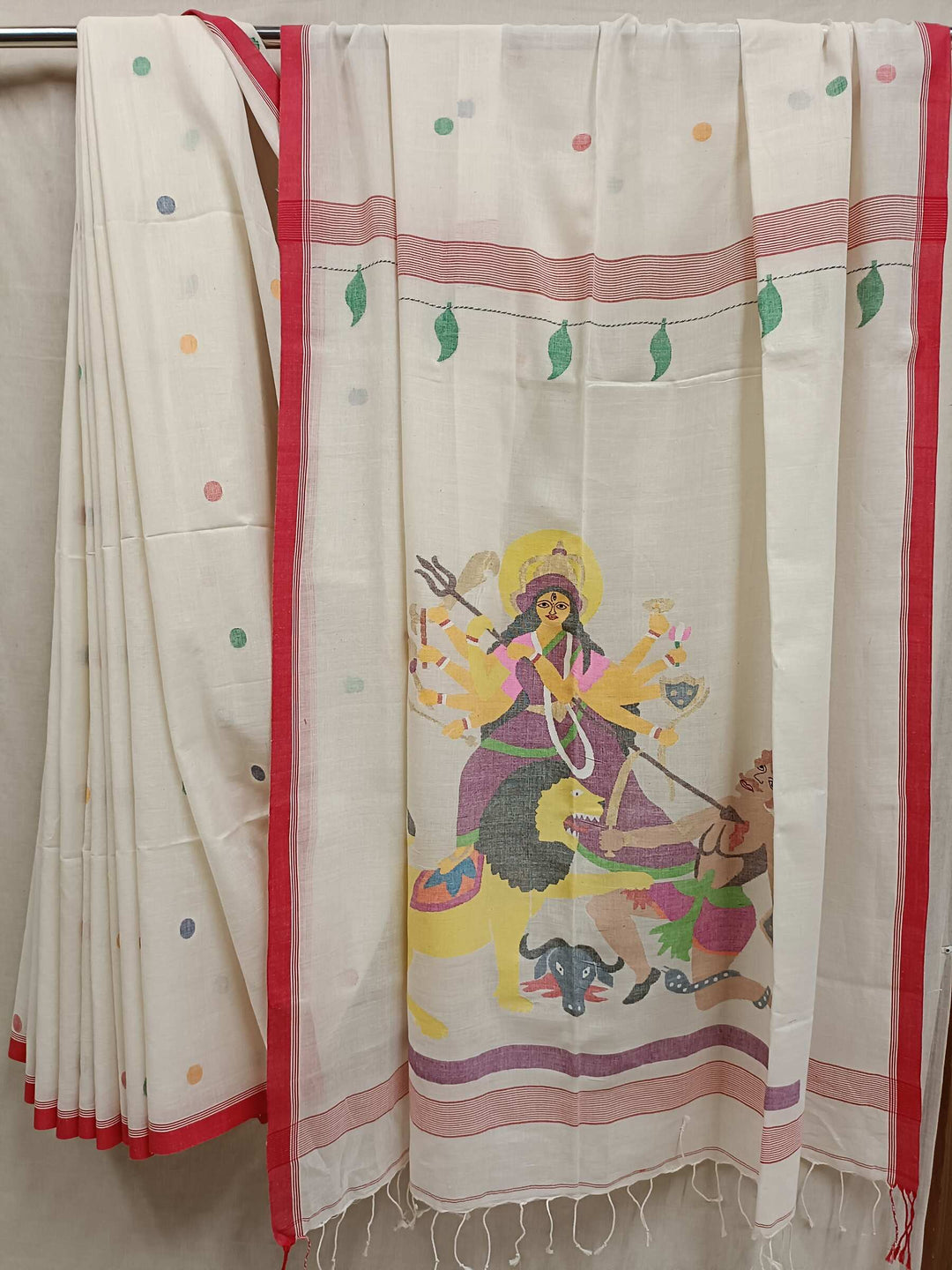 White & Red Handspun Handwoven Jamdani Saree ( Maa Durga) Balaram Saha