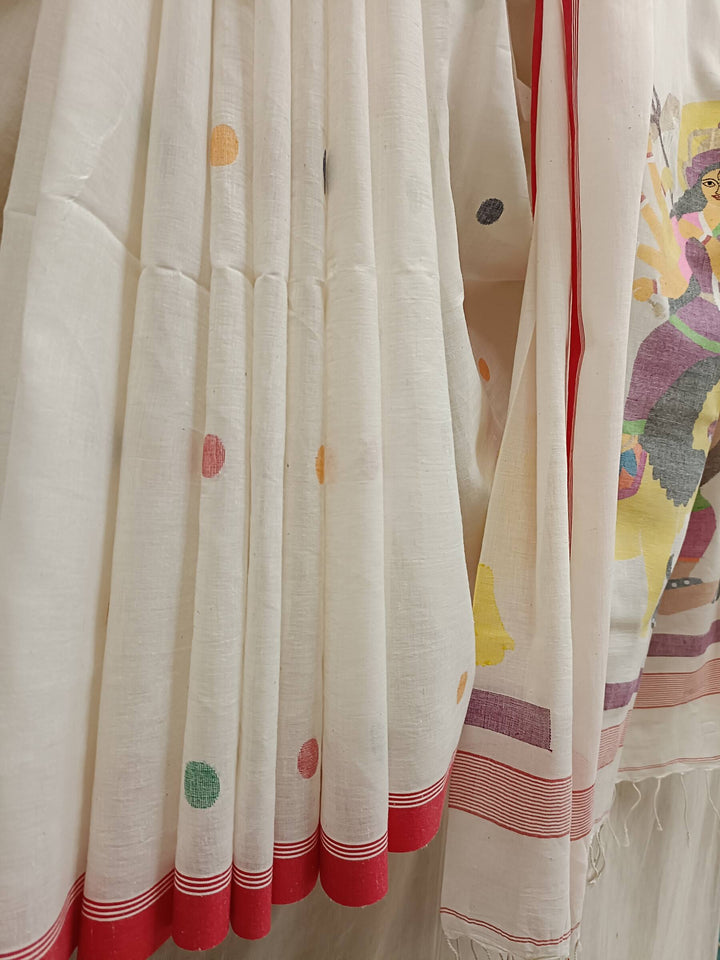White & Red Handspun Handwoven Jamdani Saree ( Maa Durga) Balaram Saha