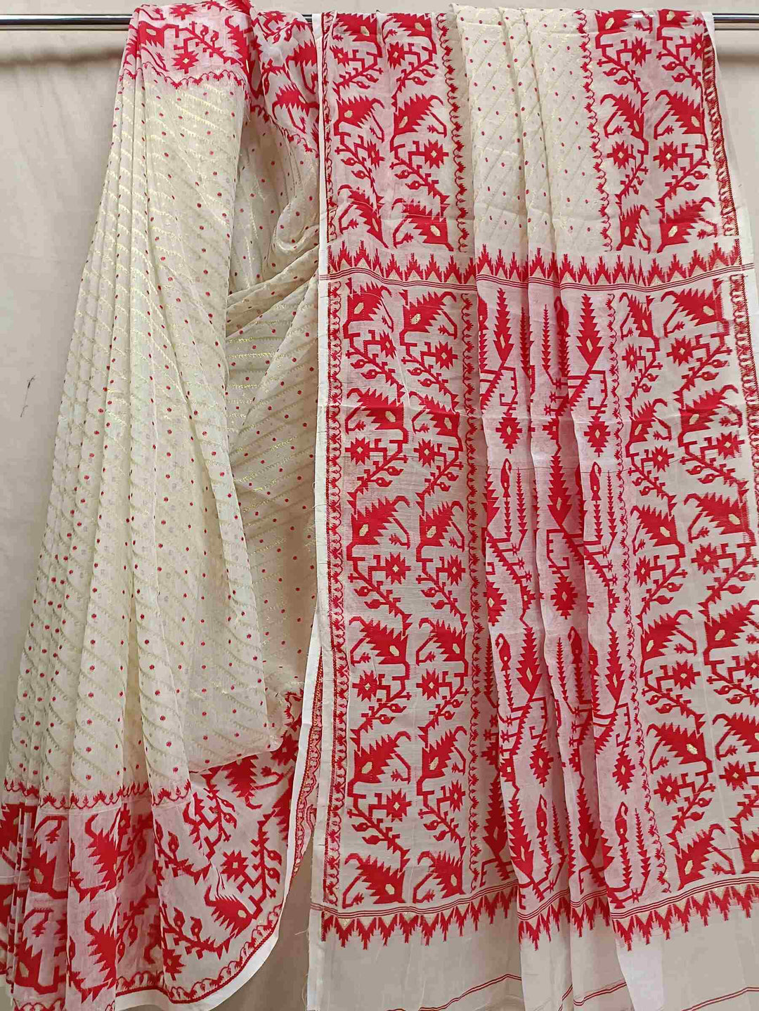 White & Red, soft handloom Jacquard weave Jamdani design, cotton by resham saree. Balaram Saha