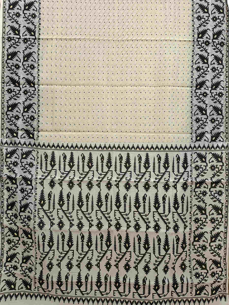 White & Black, soft handloom Jacquard weave Jamdani design,  saree. Balaram Saha