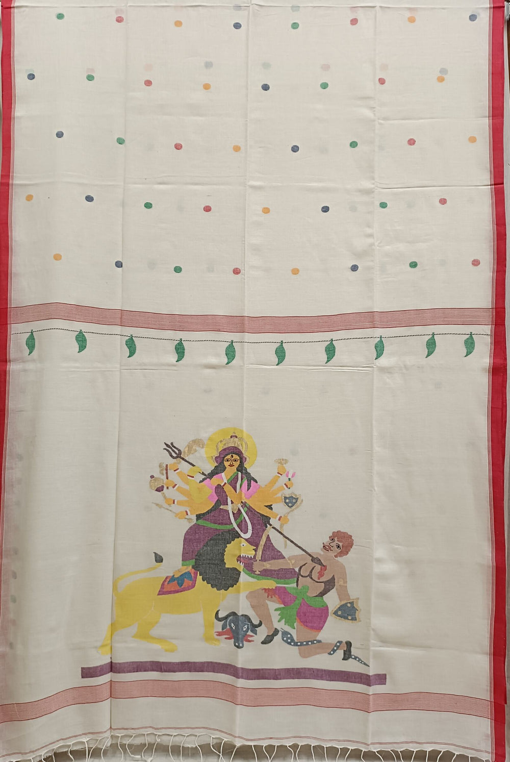 White & Red Handspun Handwoven Jamdani Saree ( Maa Durga) Balaram Saha