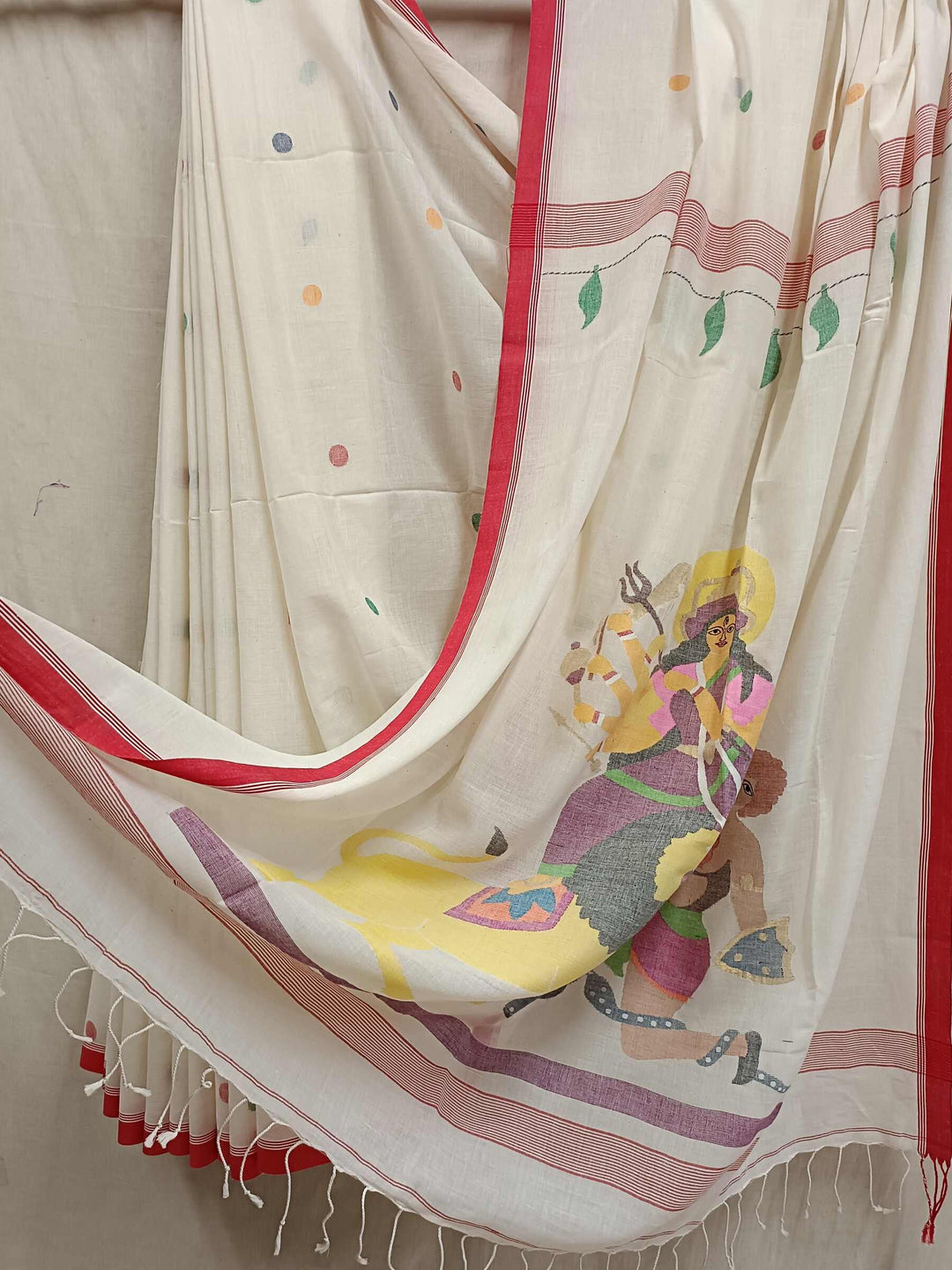 White & Red Handspun Handwoven Jamdani Saree ( Maa Durga) Balaram Saha