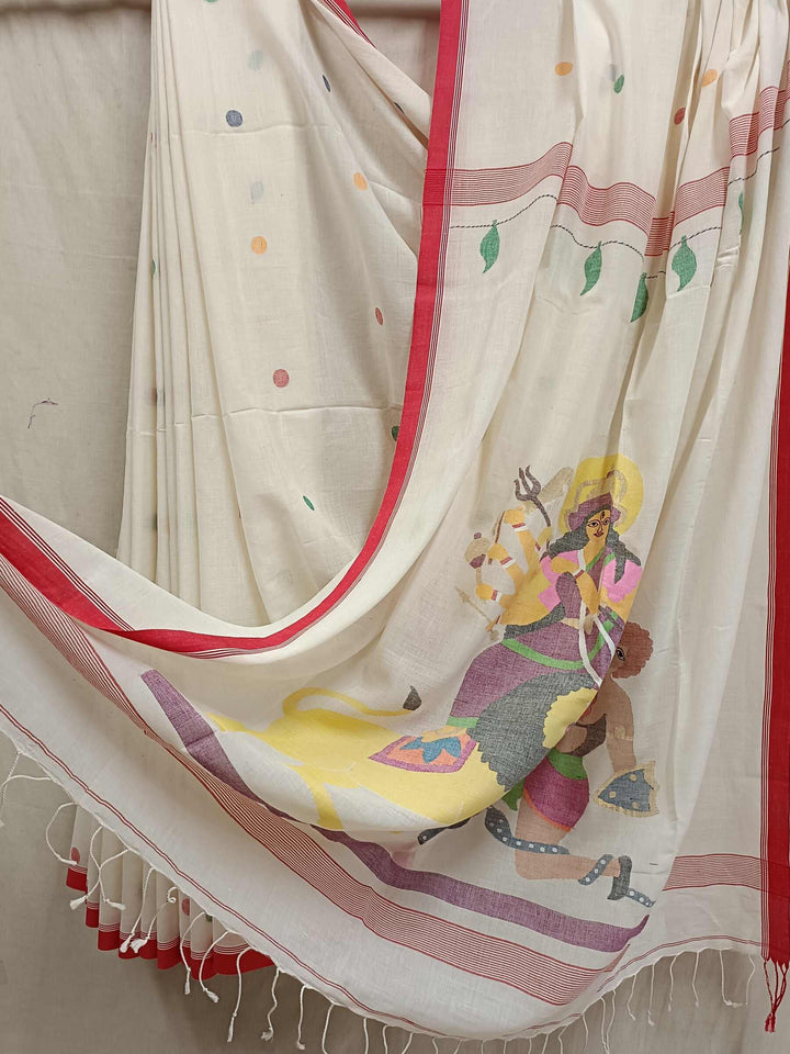 White & Red Handspun Handwoven Jamdani Saree ( Maa Durga) Balaram Saha
