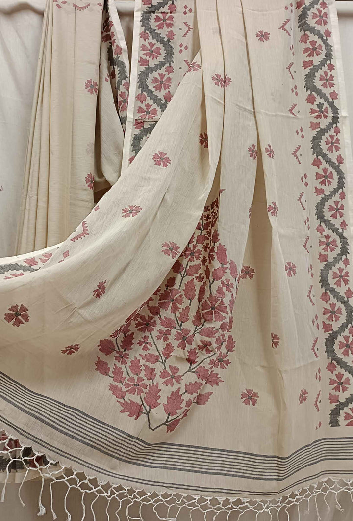 Beige Soft Handloom Handwoven Cotton Jamdani saree Balaram Saha