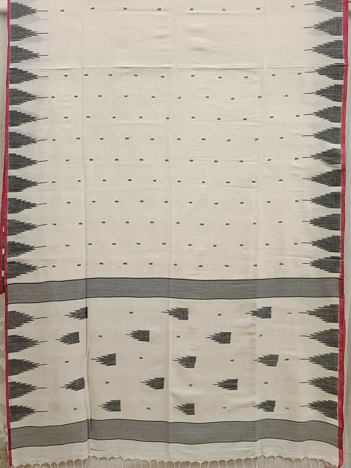 Black & Red Handspun Handwoven Cotton Jamdani Saree Balaram Saha