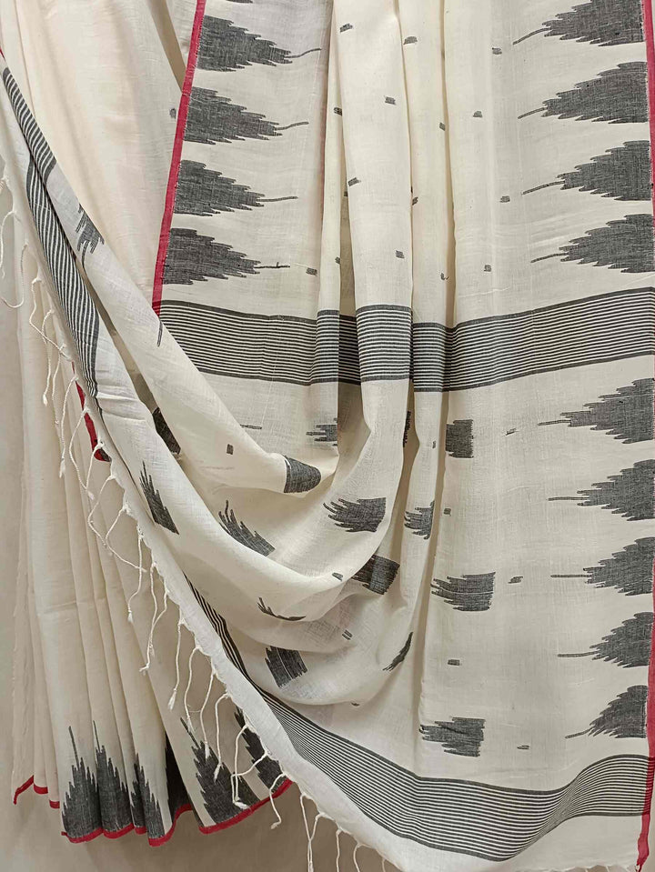 Black & Red Handspun Handwoven Cotton Jamdani Saree Balaram Saha