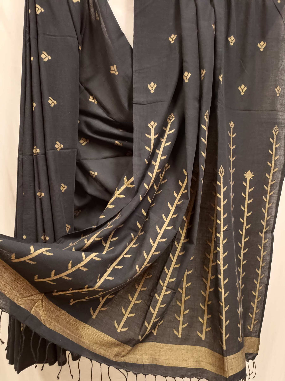 Black & Mustard Handspun Handwoven Cotton jamdani Saree Balaram Saha