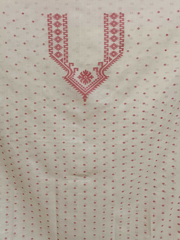 Of-White & Red Soft Handloom Jacquard Jamdani Kurta Piece (Tussar/Cotton) Balaram Saha