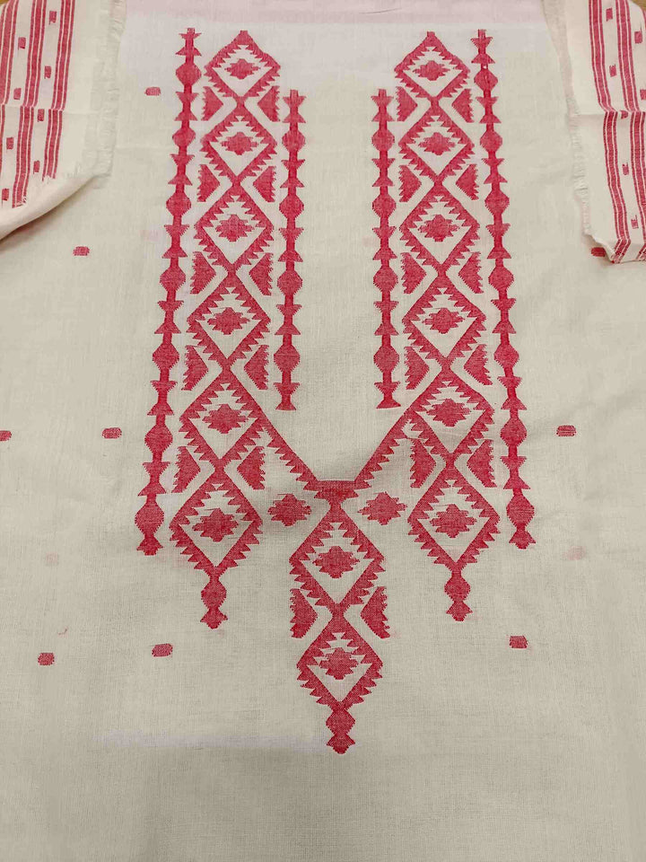 White and Red Handwoven Dhakai jamdani Unisex kurta Piece Balaram Saha