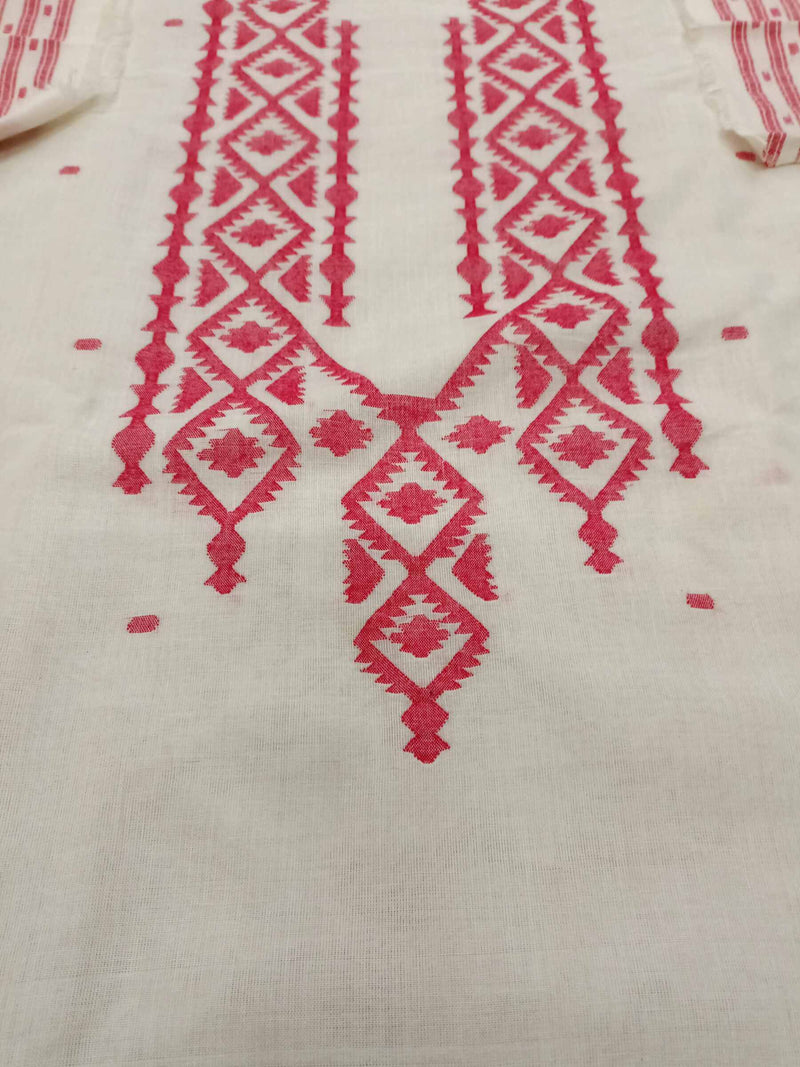 White and Red Handwoven Dhakai jamdani Unisex kurta Piece Balaram Saha