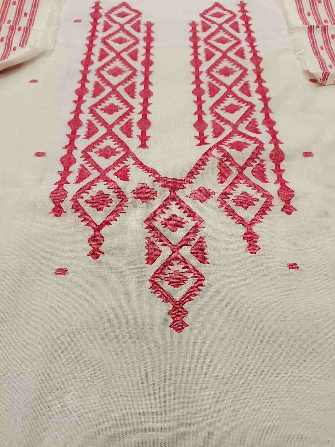 White and Red Handwoven Dhakai jamdani Unisex kurta Piece Balaram Saha