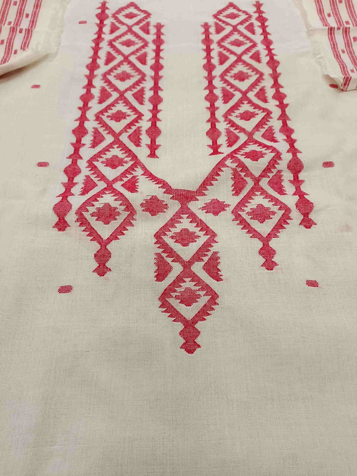 White and Red Handwoven Dhakai jamdani Unisex kurta Piece Balaram Saha