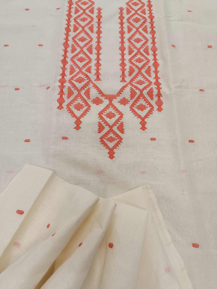 White on Orange Handwoven Dhakai jamdani Unisex kurta Piece Balaram Saha