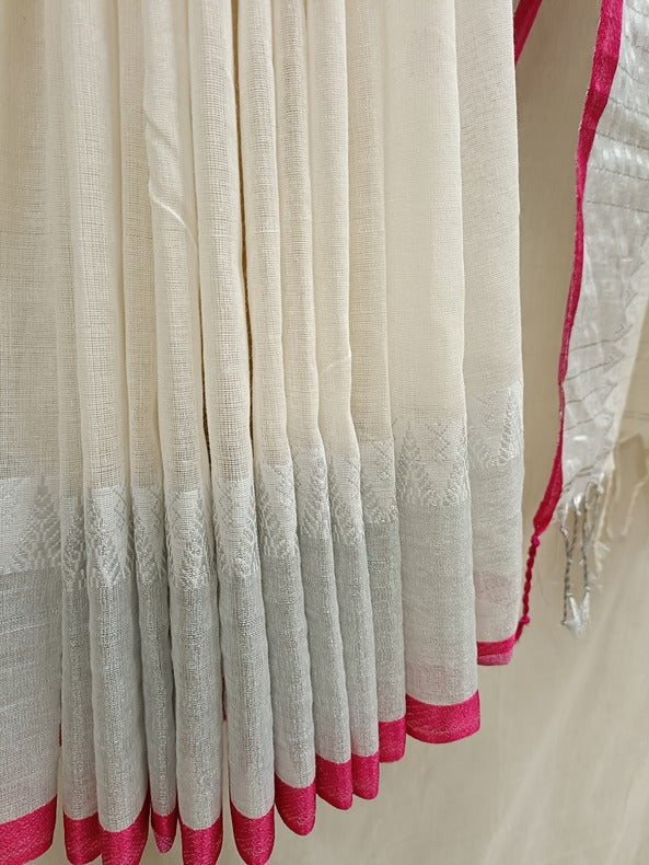Pink & Silver Zari, Off White Handloom Soft Cotton Saree Balaram Saha