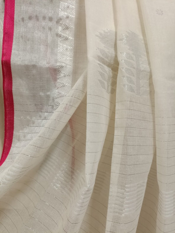 Pink & Silver Zari, Off White Handloom Soft Cotton Saree Balaram Saha