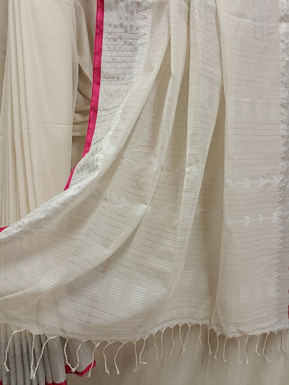 Pink & Silver Zari, Off White Handloom Soft Cotton Saree Balaram Saha