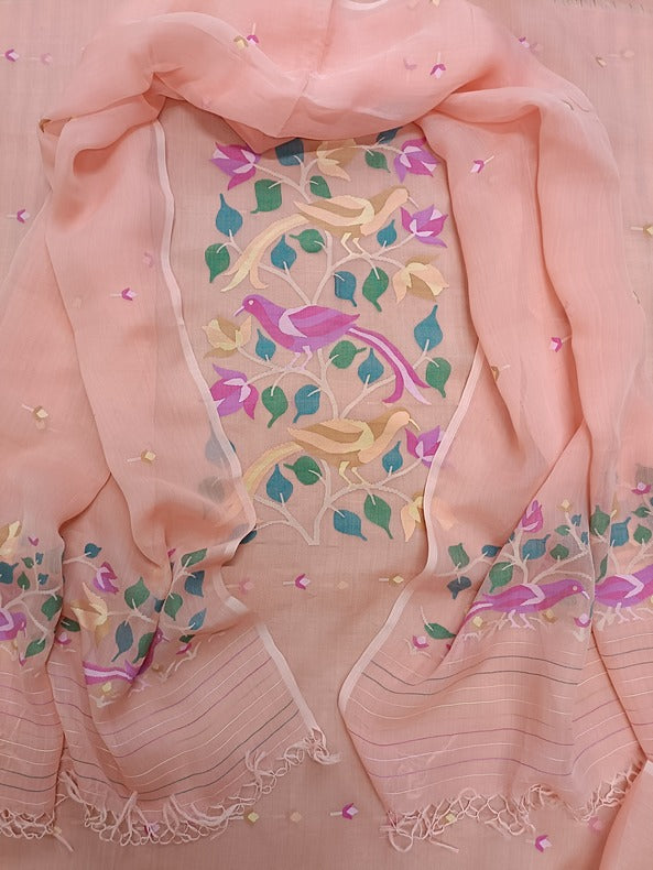 Peach Color Handloom Muslin Silk handwoven Jamdani 2-Piece kurta  Sets Balaram Saha