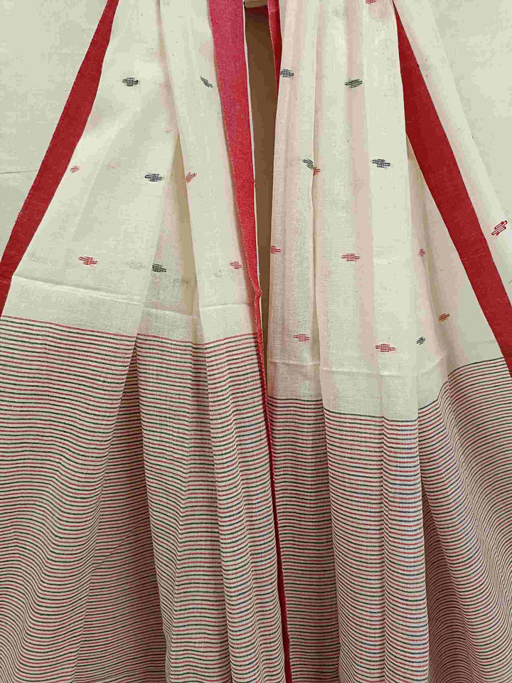 Off-White & Red Handloom Handspun Cotton Jamdani Dupatta Balaram Saha