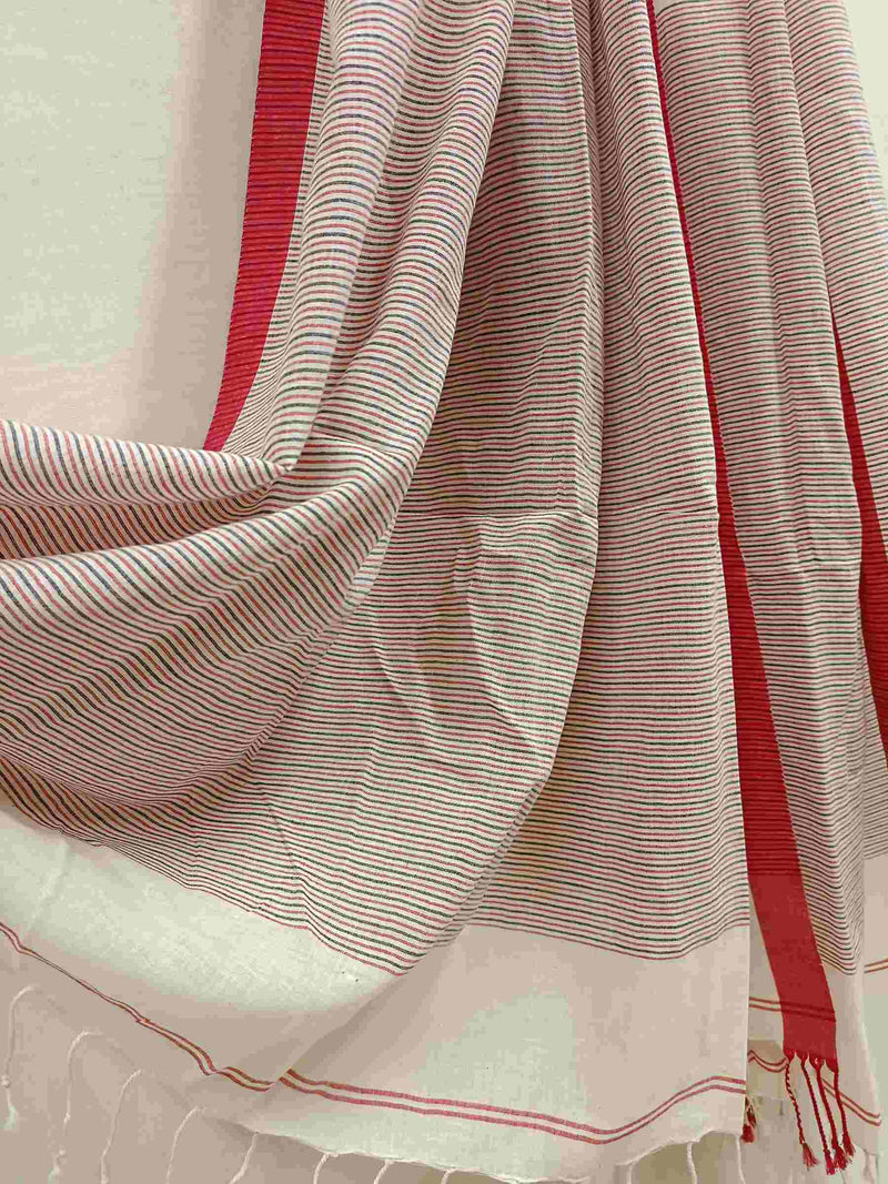 Off-White & Red Handloom Handspun Cotton Jamdani Dupatta Balaram Saha