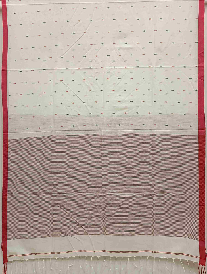 Off-White & Red Handloom Handspun Cotton Jamdani Dupatta Balaram Saha