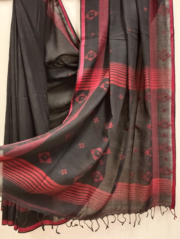 Handspun Handwoven Cotton Jamdani Saree Black & Red Balaram Saha
