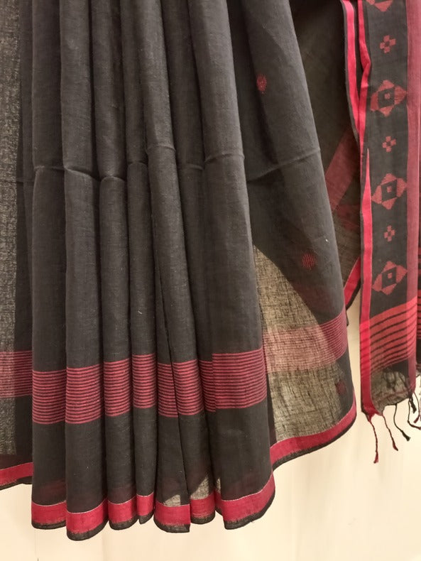 Handspun Handwoven Cotton Jamdani Saree Black & Red Balaram Saha