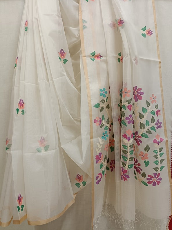 White Muslin Silk Jamdani Saree - Timeless Elegance with Floral Motif Balaram Saha