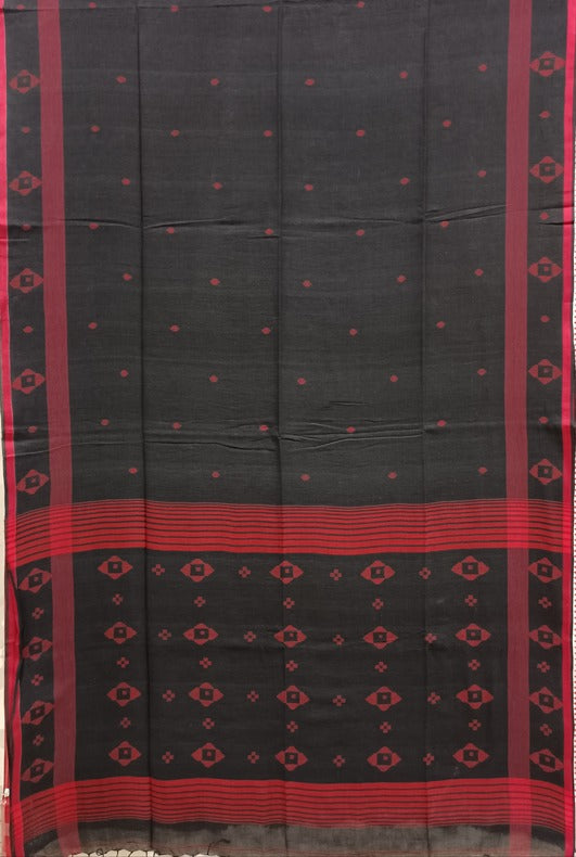 Handspun Handwoven Cotton Jamdani Saree Black & Red Balaram Saha