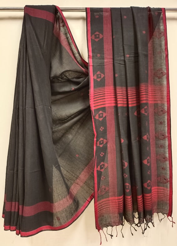 Handspun Handwoven Cotton Jamdani Saree Black & Red Balaram Saha