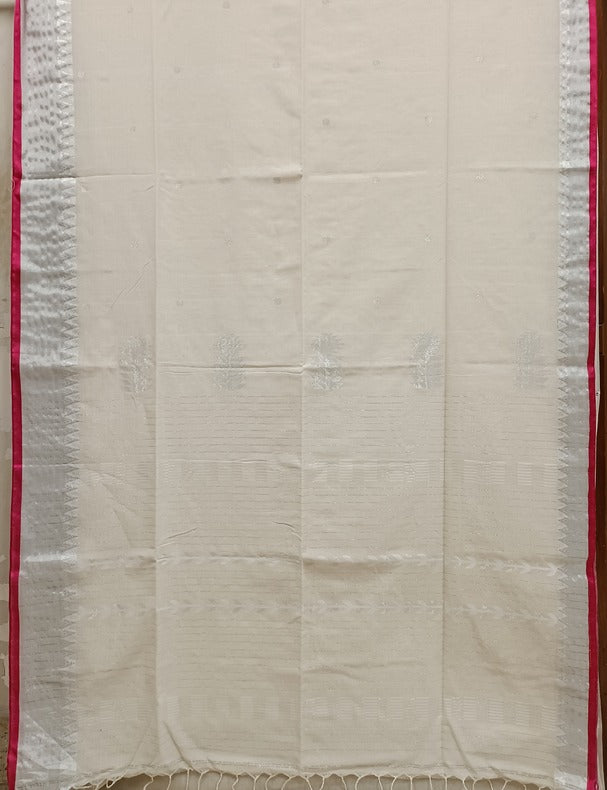 Pink & Silver Zari, Off White Handloom Soft Cotton Saree Balaram Saha