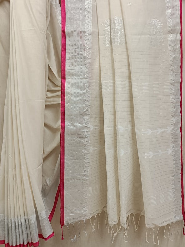 Pink & Silver Zari, Off White Handloom Soft Cotton Saree Balaram Saha