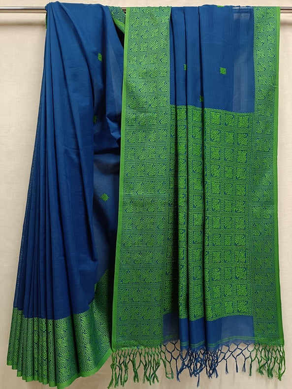 Blue Handloom Fine Cotton Saree & Green Woven Border Balaram Saha