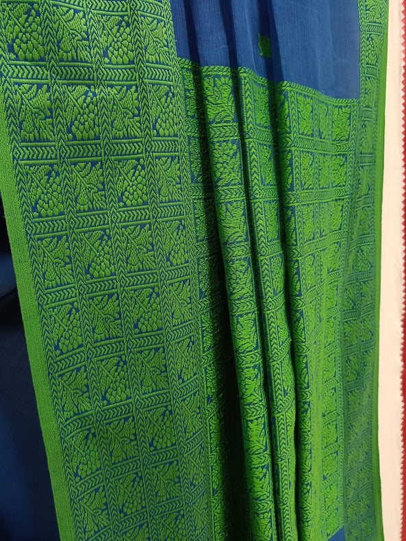 Blue Handloom Fine Cotton Saree & Green Woven Border Balaram Saha