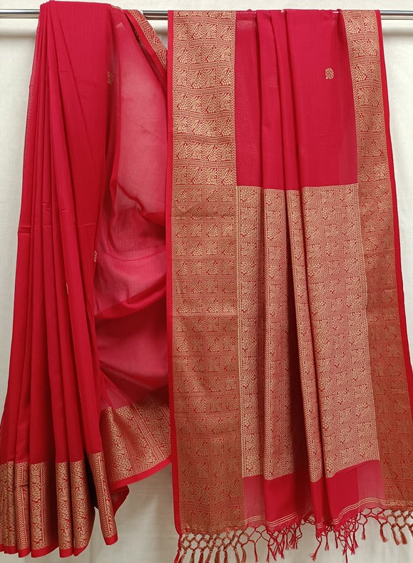 Red Handloom Fine Cotton Saree & Beige Woven Border Balaram Saha