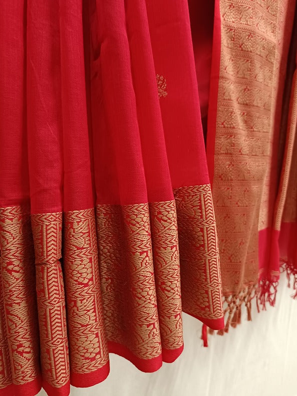 Red Handloom Fine Cotton Saree & Beige Woven Border Balaram Saha