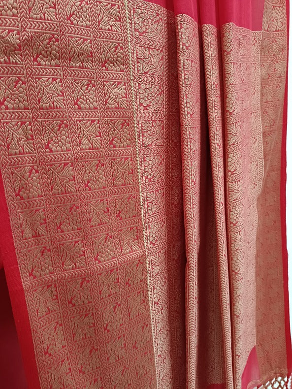 Red Handloom Fine Cotton Saree & Beige Woven Border Balaram Saha